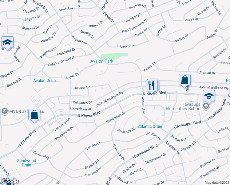 map of restaurants, bars, coffee shops, grocery stores, and more near 2540 Palisades Drive in Lake Havasu City