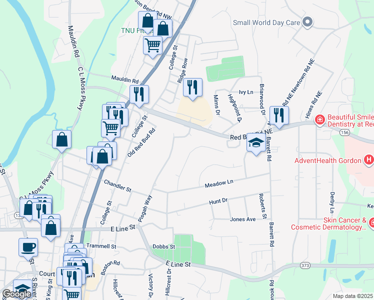 map of restaurants, bars, coffee shops, grocery stores, and more near 112A Garden Hill Drive in Calhoun