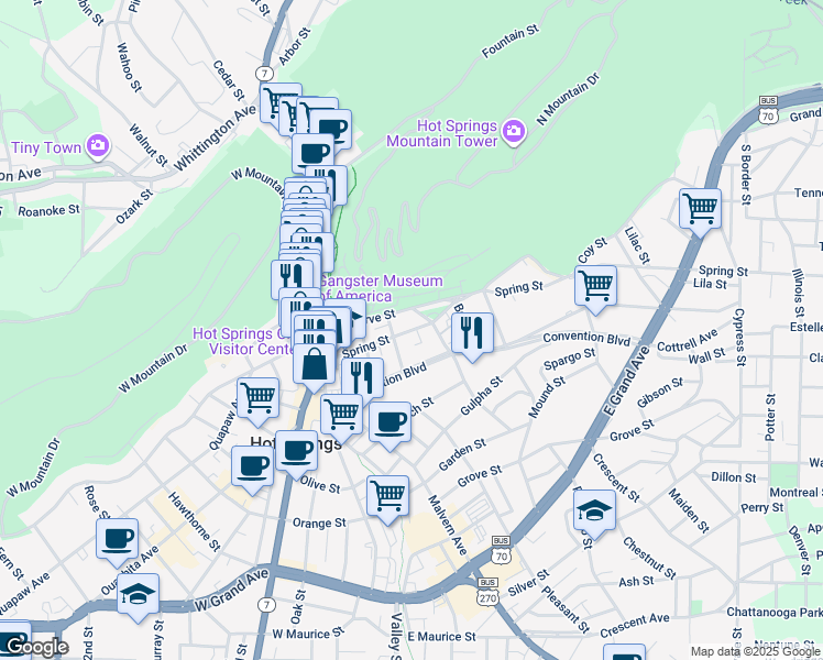 map of restaurants, bars, coffee shops, grocery stores, and more near 414 Spring Street in Hot Springs