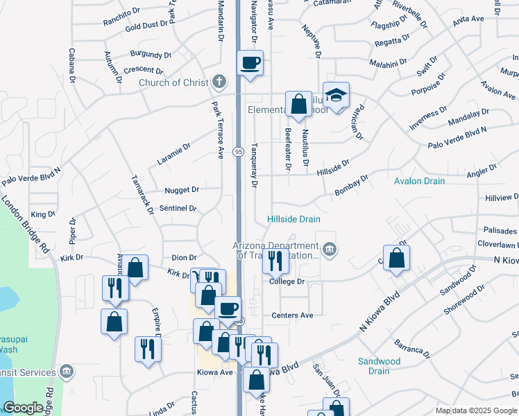 map of restaurants, bars, coffee shops, grocery stores, and more near 1310 Tanqueray Drive in Lake Havasu City