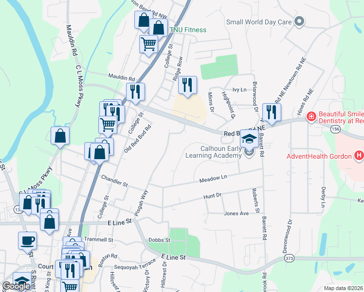 map of restaurants, bars, coffee shops, grocery stores, and more near 112A Garden Hill Drive in Calhoun