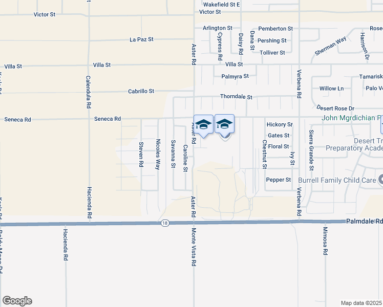 map of restaurants, bars, coffee shops, grocery stores, and more near 2 Aster Road in Adelanto