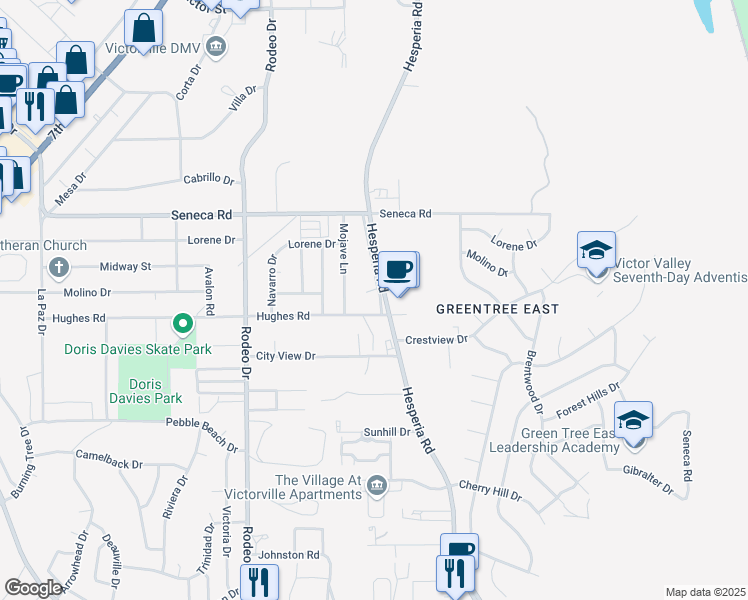 map of restaurants, bars, coffee shops, grocery stores, and more near Hesperia Road in Victorville