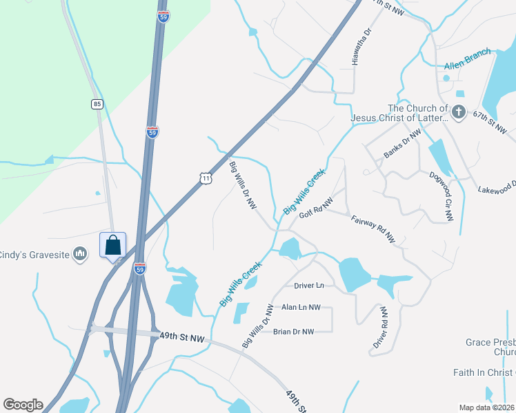 map of restaurants, bars, coffee shops, grocery stores, and more near 1213 Big Wills Drive Northwest in Fort Payne