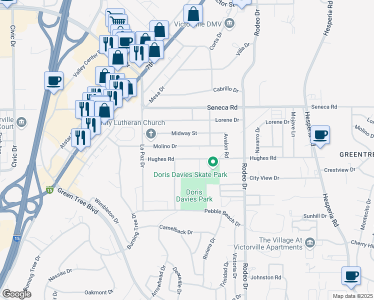 map of restaurants, bars, coffee shops, grocery stores, and more near Molino Drive in Victorville