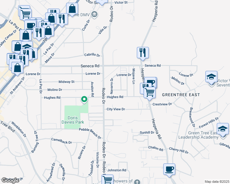 map of restaurants, bars, coffee shops, grocery stores, and more near 16581 Desert Sands Road in Victorville