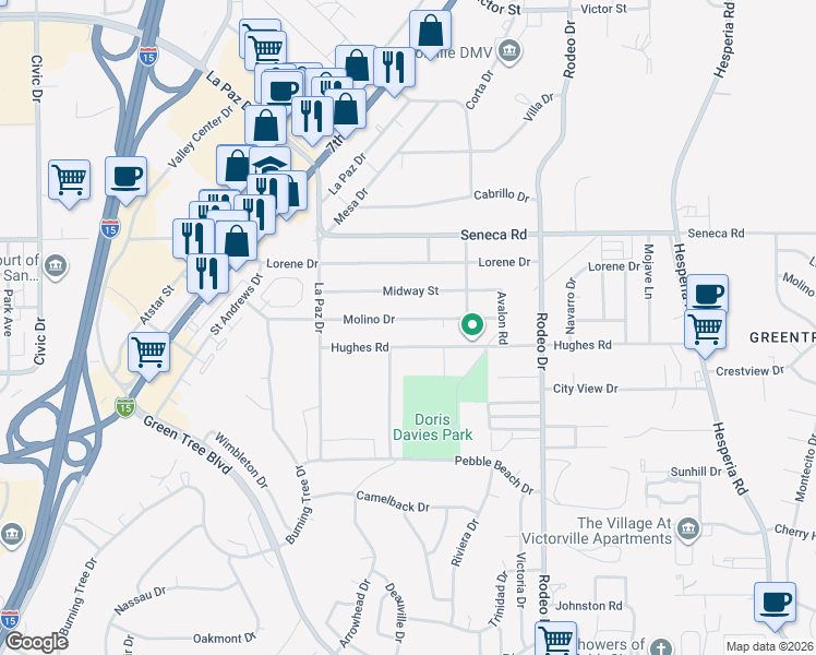 map of restaurants, bars, coffee shops, grocery stores, and more near 16293 Molino Drive in Victorville