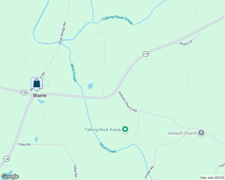 map of restaurants, bars, coffee shops, grocery stores, and more near 7482 Georgia 136 in Talking Rock