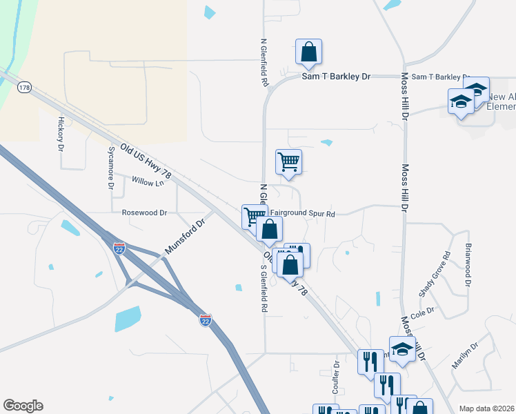 map of restaurants, bars, coffee shops, grocery stores, and more near 112 North Glenfield Road in New Albany
