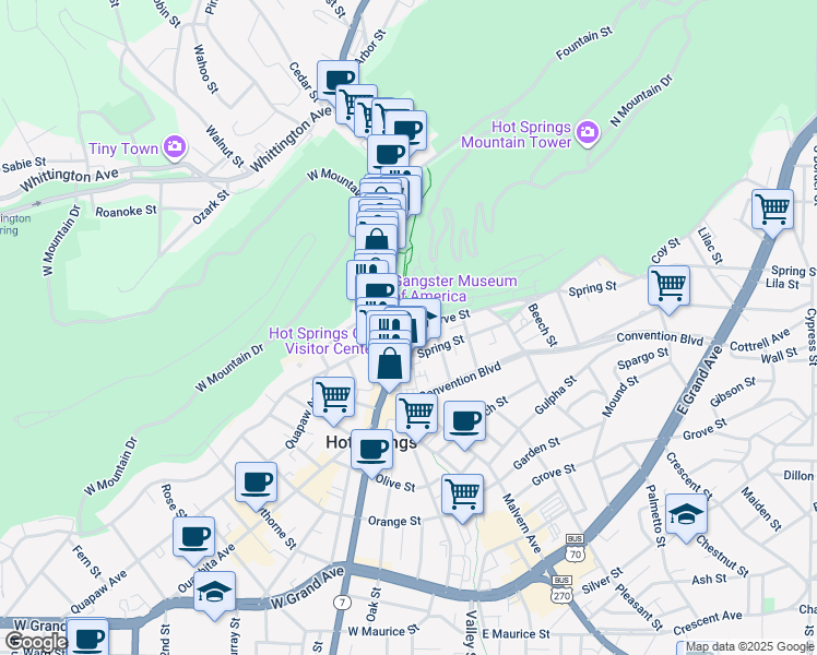 map of restaurants, bars, coffee shops, grocery stores, and more near 100 Reserve Street in Hot Springs