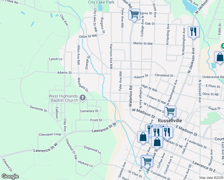 map of restaurants, bars, coffee shops, grocery stores, and more near 700 Harrison Avenue Northwest in Russellville