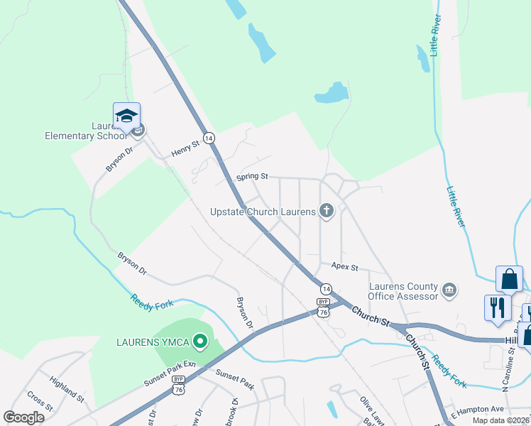 map of restaurants, bars, coffee shops, grocery stores, and more near 302 Southview Drive in Laurens
