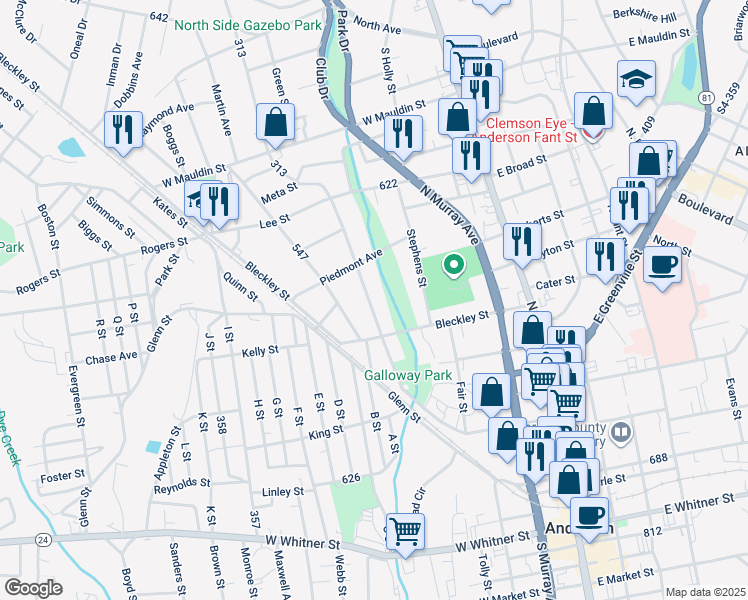 map of restaurants, bars, coffee shops, grocery stores, and more near 1020 Tribble Street in Anderson