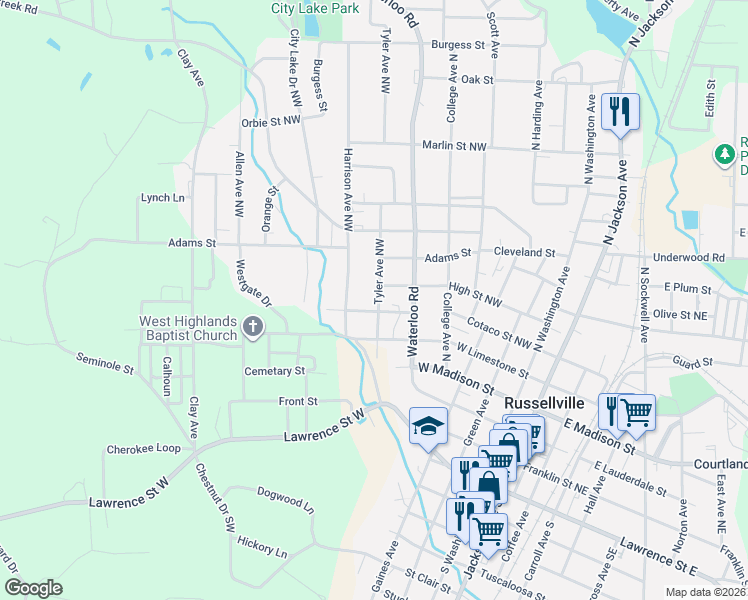 map of restaurants, bars, coffee shops, grocery stores, and more near 700-714 Harrison Avenue Northwest in Russellville
