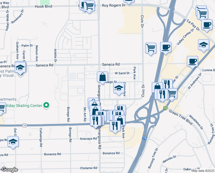 map of restaurants, bars, coffee shops, grocery stores, and more near 12792 Amargosa Road in Victorville