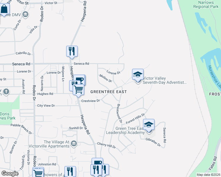 map of restaurants, bars, coffee shops, grocery stores, and more near 17041 Molino Drive in Victorville