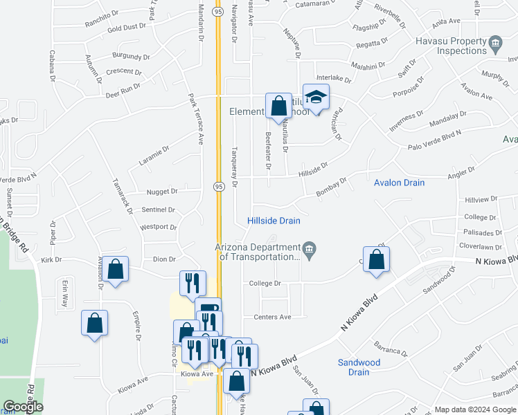 map of restaurants, bars, coffee shops, grocery stores, and more near 2035 Bombay Drive in Lake Havasu City