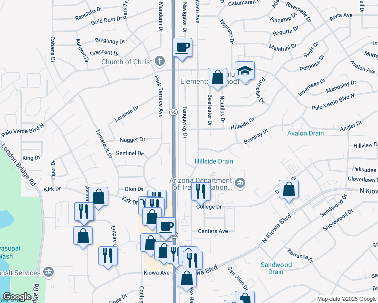 map of restaurants, bars, coffee shops, grocery stores, and more near 1310 Tanqueray Drive in Lake Havasu City