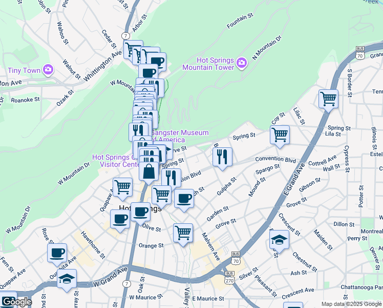 map of restaurants, bars, coffee shops, grocery stores, and more near 404 Reserve Street in Hot Springs