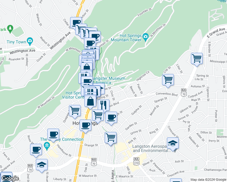 map of restaurants, bars, coffee shops, grocery stores, and more near 404 Reserve Street in Hot Springs