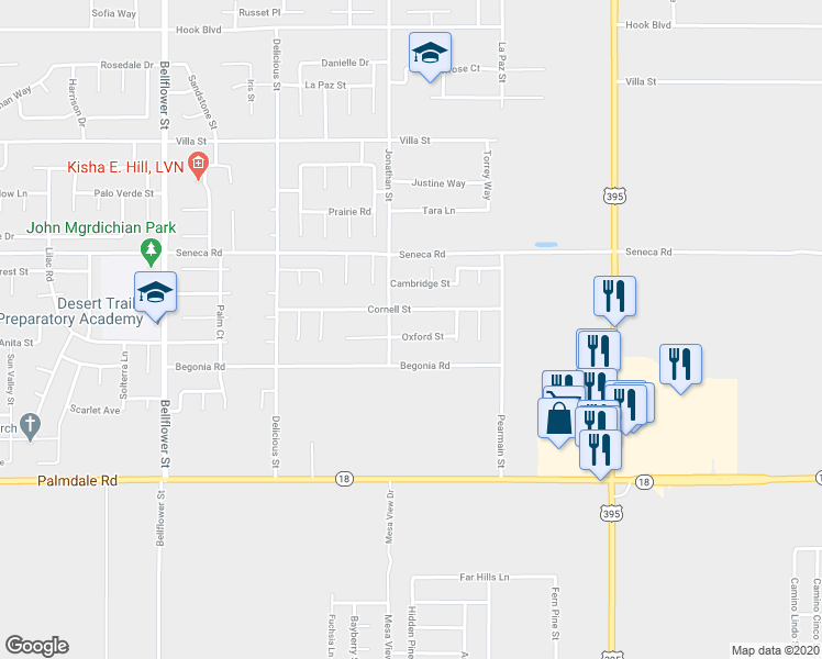 map of restaurants, bars, coffee shops, grocery stores, and more near 11740 Oxford Street in Adelanto