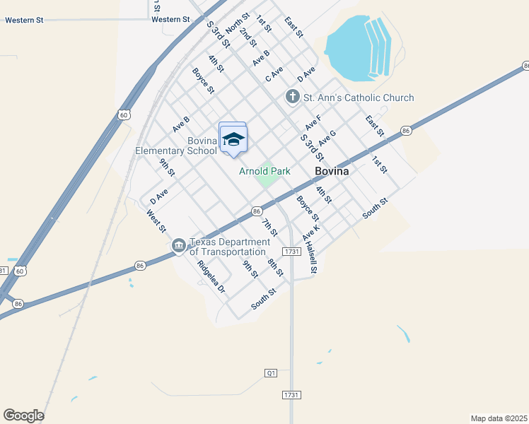 map of restaurants, bars, coffee shops, grocery stores, and more near 608 Avenue G in Bovina