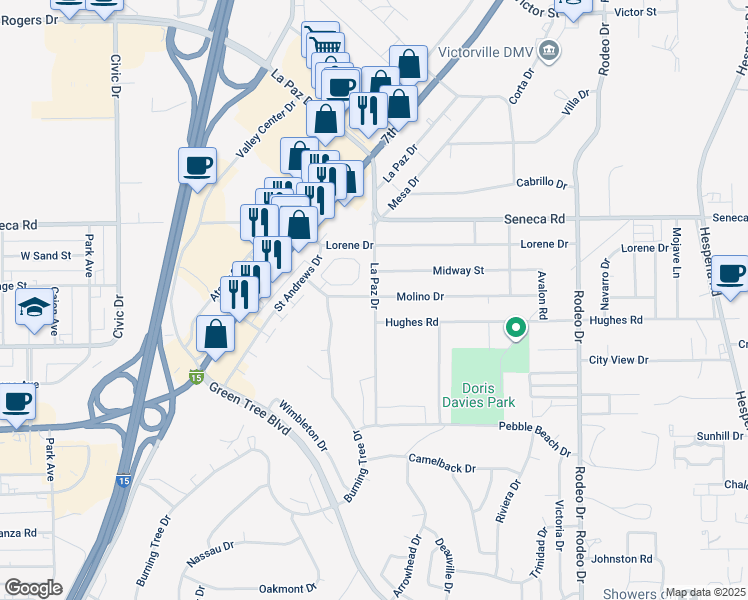 map of restaurants, bars, coffee shops, grocery stores, and more near 14328 La Paz Drive in Victorville