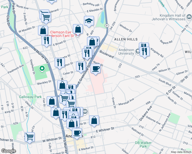 map of restaurants, bars, coffee shops, grocery stores, and more near 800 North Fant Street in Anderson