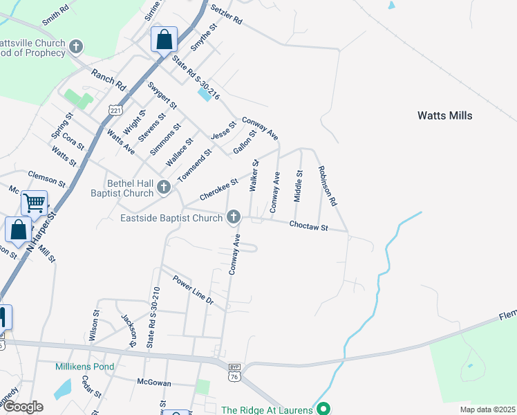 map of restaurants, bars, coffee shops, grocery stores, and more near 105 Walker Street in Laurens