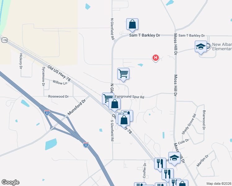 map of restaurants, bars, coffee shops, grocery stores, and more near 112 North Glenfield Road in New Albany