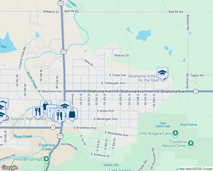 map of restaurants, bars, coffee shops, grocery stores, and more near 414 East Tahlequah Avenue in Sulphur