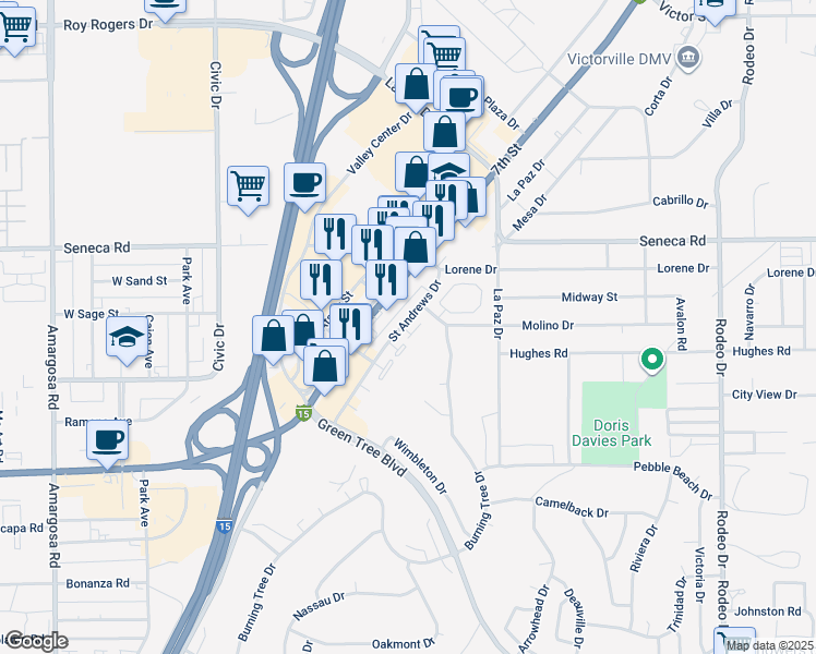 map of restaurants, bars, coffee shops, grocery stores, and more near 14340 El Dorado Drive in Victorville
