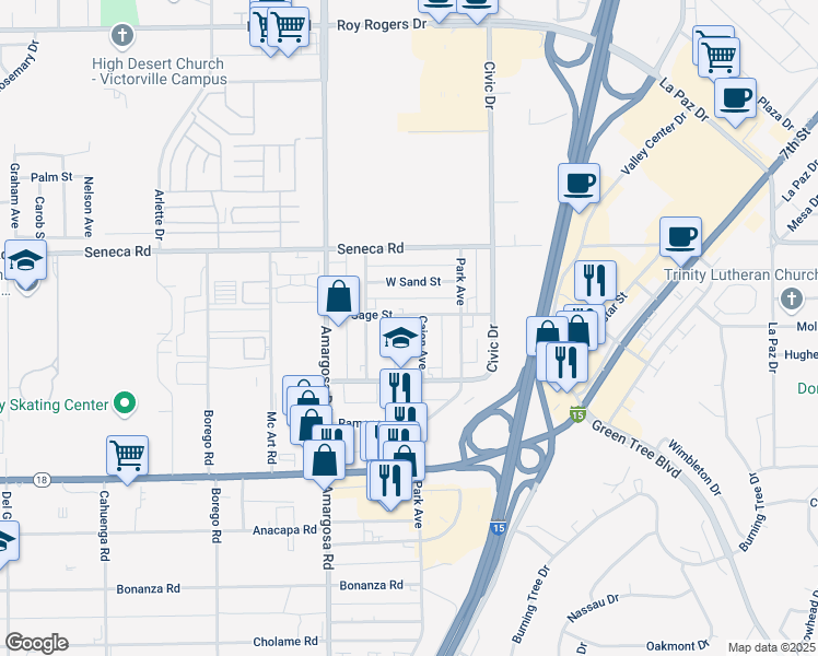 map of restaurants, bars, coffee shops, grocery stores, and more near in Victorville