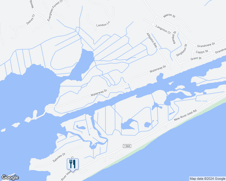 map of restaurants, bars, coffee shops, grocery stores, and more near 281 Waterway Drive in Sneads Ferry