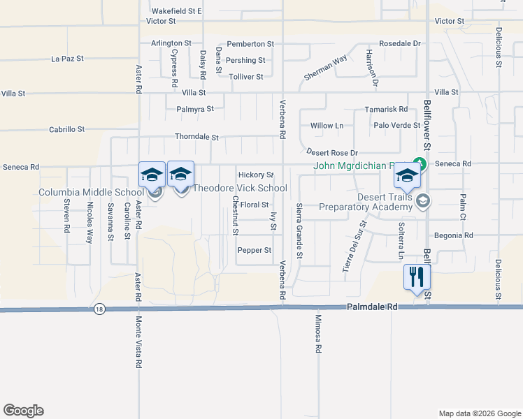 map of restaurants, bars, coffee shops, grocery stores, and more near 10830 Floral Street in Adelanto