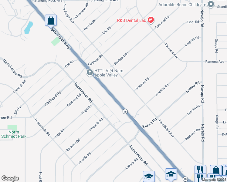 map of restaurants, bars, coffee shops, grocery stores, and more near 21118 California 18 in Apple Valley