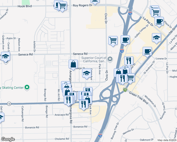 map of restaurants, bars, coffee shops, grocery stores, and more near Cajon Street in Victorville