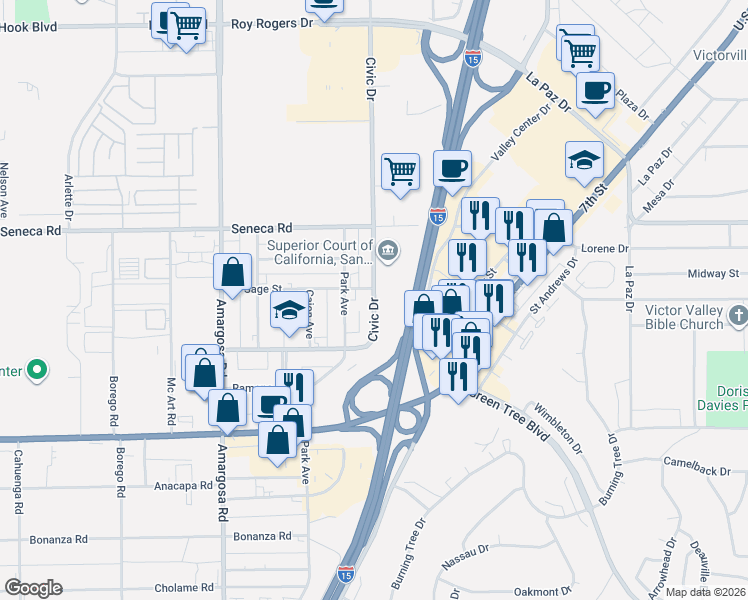 map of restaurants, bars, coffee shops, grocery stores, and more near 14362 Monterey Court in Victorville