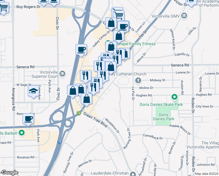 map of restaurants, bars, coffee shops, grocery stores, and more near 14344 El Dorado Drive in Victorville