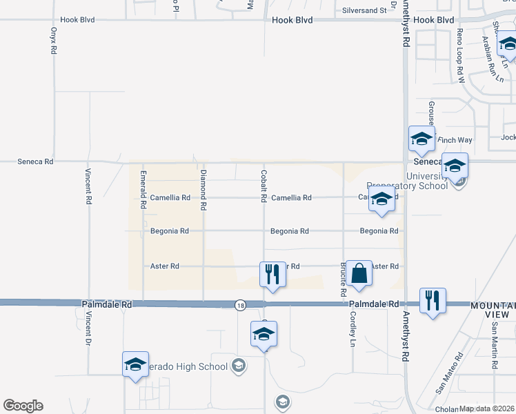 map of restaurants, bars, coffee shops, grocery stores, and more near 13251 Camellia Road in Victorville