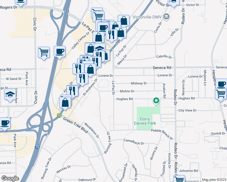 map of restaurants, bars, coffee shops, grocery stores, and more near La Paz Drive & Molino Drive in Victorville