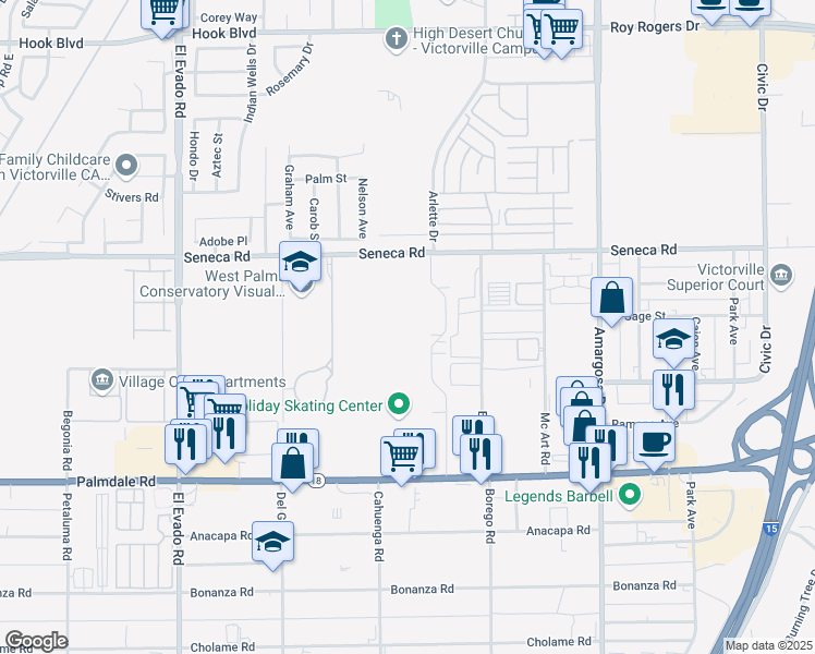 map of restaurants, bars, coffee shops, grocery stores, and more near Seneca Road in Victorville