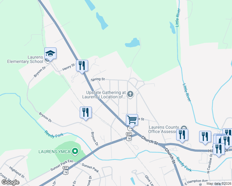 map of restaurants, bars, coffee shops, grocery stores, and more near 209 Oakwood Drive in Laurens