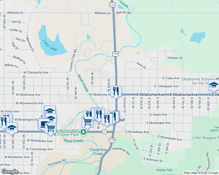 map of restaurants, bars, coffee shops, grocery stores, and more near 124 West Tahlequah Avenue in Sulphur