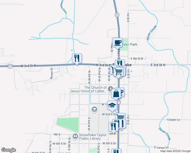 map of restaurants, bars, coffee shops, grocery stores, and more near 281 North 2nd Street West in Snowflake