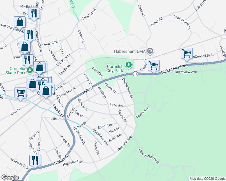 map of restaurants, bars, coffee shops, grocery stores, and more near Cherry Street in Cornelia