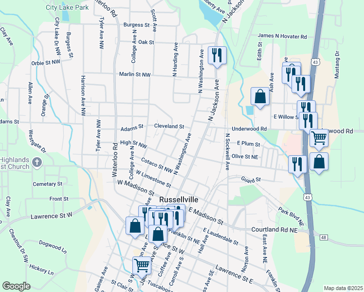 map of restaurants, bars, coffee shops, grocery stores, and more near 713 North Washington Avenue in Russellville