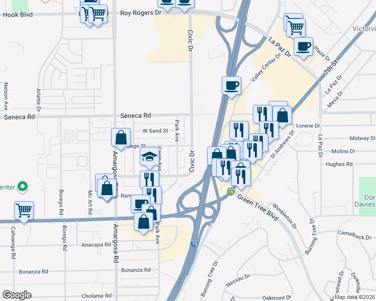map of restaurants, bars, coffee shops, grocery stores, and more near 14350 Civic Drive in Victorville