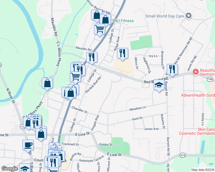 map of restaurants, bars, coffee shops, grocery stores, and more near 624 Pisgah Way in Calhoun