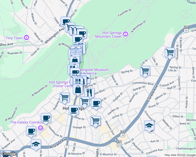 map of restaurants, bars, coffee shops, grocery stores, and more near 404 Reserve Street in Hot Springs